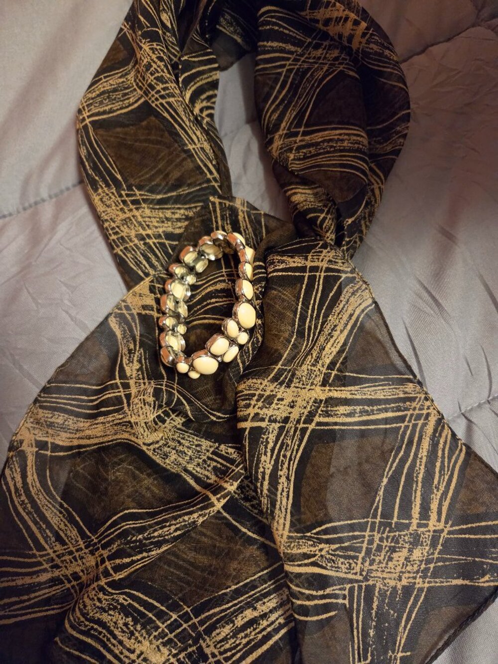 Abstract Print Sheer Scarf with Cream colored Bracelet.